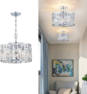 Farmhouse Crystal Convertible Chandelier and Semi Flush Mount Lighting Chrome Cylinder Drum Shade Pendant for Kitchen