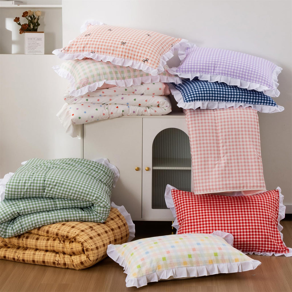 Blue Plaid Ruffle Comforter Sets 5Pcs Bedding