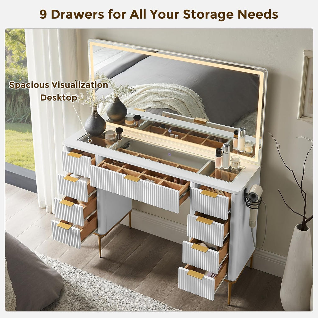 48" Fluted Makeup Vanity Desk with 48" Large Mirror and HD LED Lights, Modern Vanity Table with 9 Drawers & Charging
