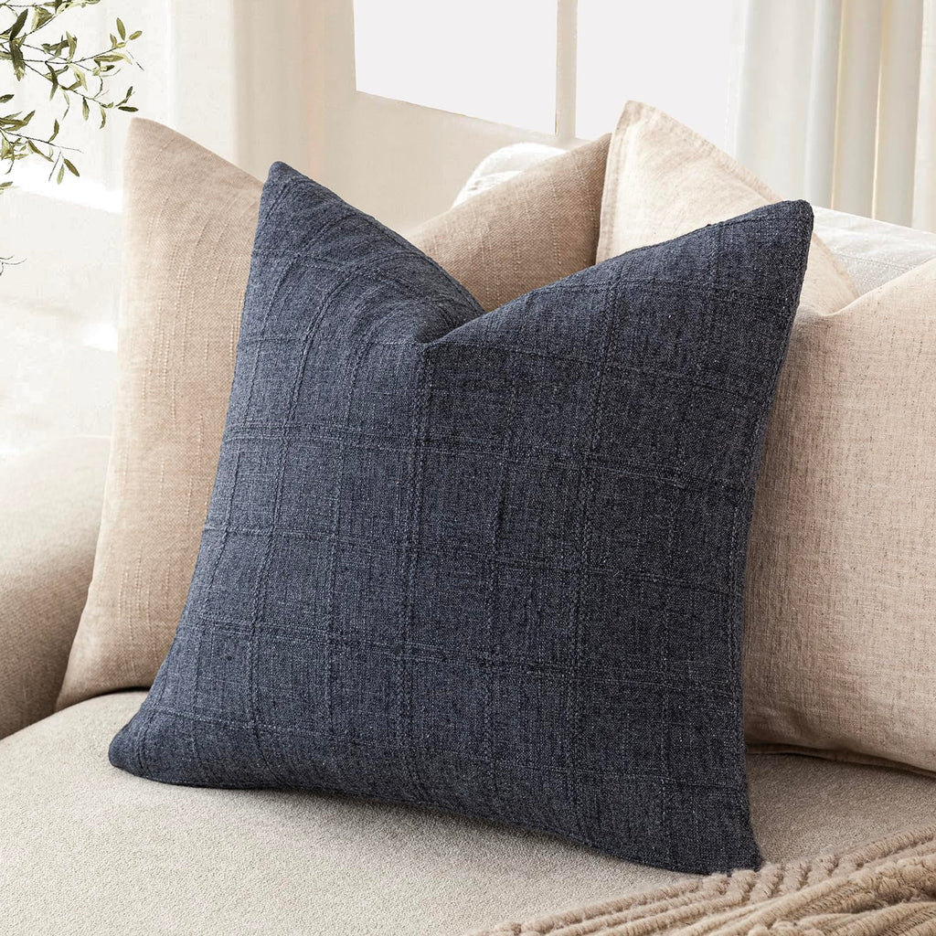 Boho Linen Check Decorative Throw Pillow Covers 16×16 Navy Blue