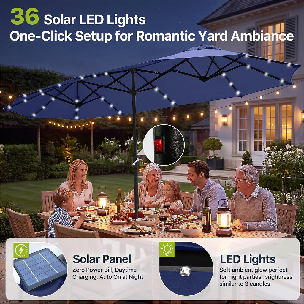 13ft Patio Umbrella Double Sided Outdoor Umbrella Table Umbrella with Solar lights Pool (Navy)