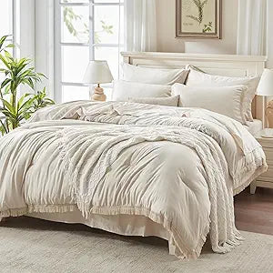 Queen Comforter Set, 7 Pieces Beige Bedding - Set of 7