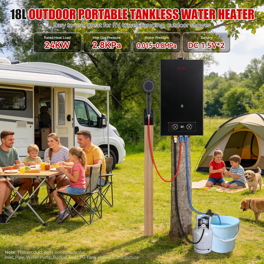 Propane Water Heater 4.76 GPM 18L Outdoor Portable Tankless Water Heater 82000 BTU/Hour with Digital Display Battery