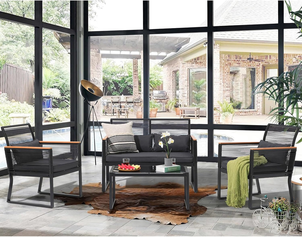 4 Piece Patio Furniture Set, Outdoor Wicker Bistro Set