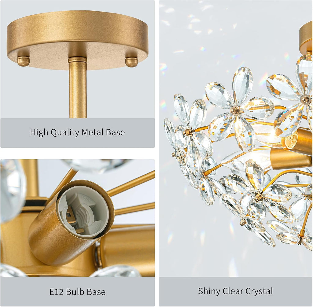 Bedroom Flower Ceiling Light, Brass Gold Flush Mount Chandelier, 17.7 Inch 6-Light Modern Crystal