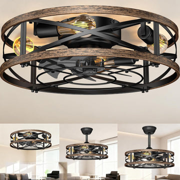 20in Caged Ceiling Fan with Lights, Low Profile Ceiling Fan