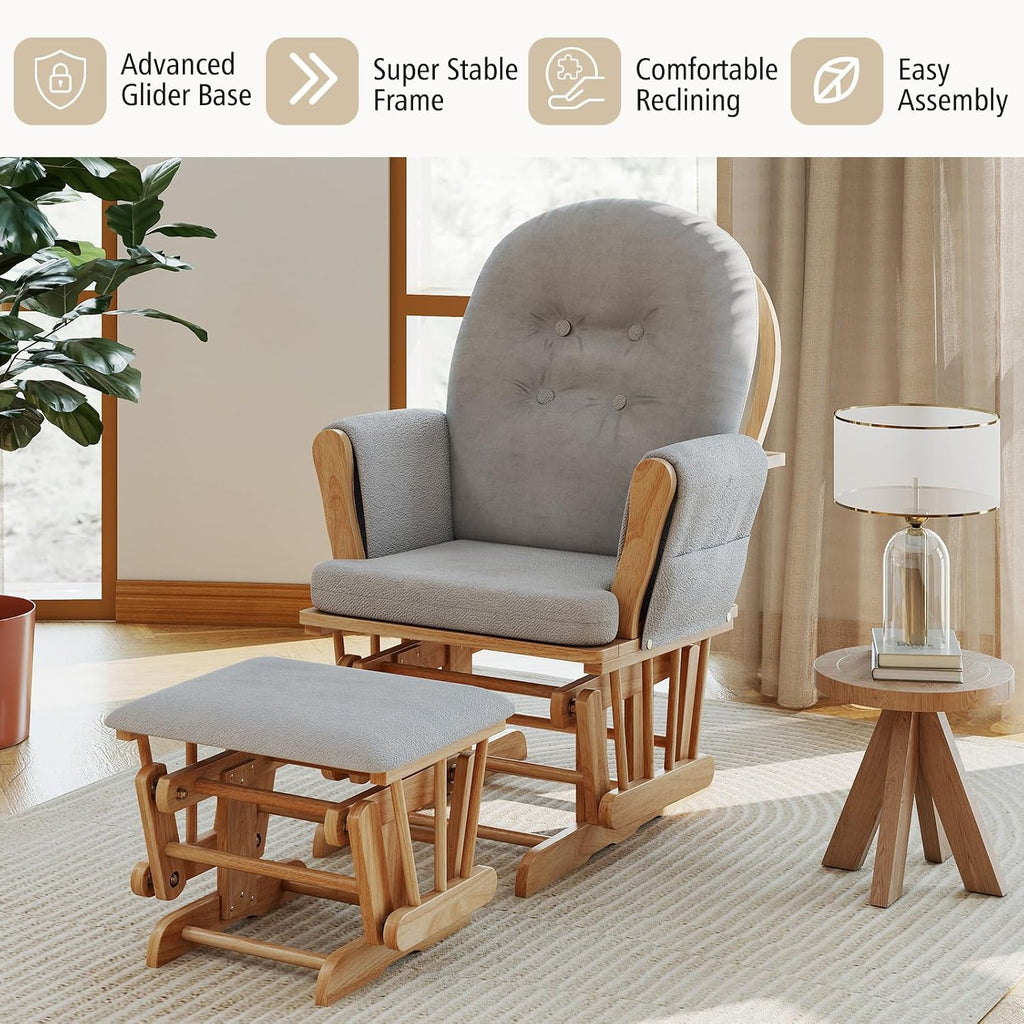 Nursery Glider with Ottoman, Upholstered Comfort Glider Rocker with Padded Cushion, Storage Pocket, Solid Wood Base