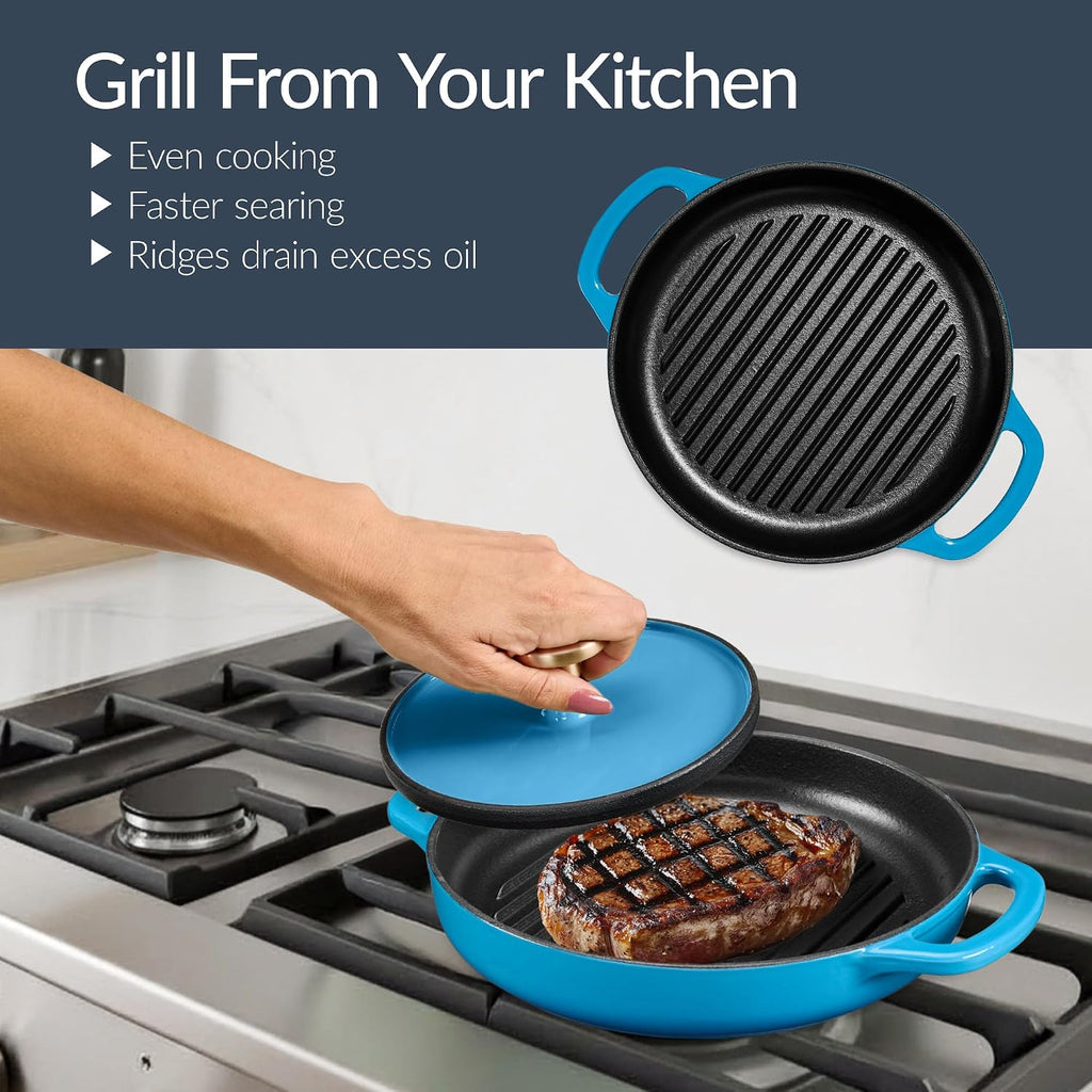6-Piece Cast Iron Cookware Set, Ceramic Coated 6Qt Dutch Oven, 2Qt Skillet W/Lid, 10" Grill Pan W/Press, Non-toxic