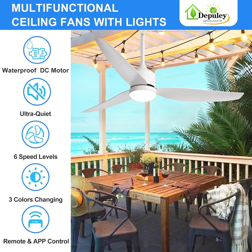 52 Inch White Waterproof Gazebo Fans with Lights Outdoor Hanging - Plug in Remote App Control for Patios Farmhouse Porch - 6 Speed Reversible DC Motor