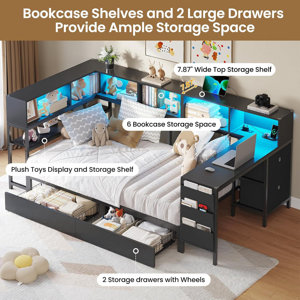 Corner Twin Bed Frame with Desk,Charging Station and Bookcase Storage Twin Size Daybed for Kids/Teen with Storage