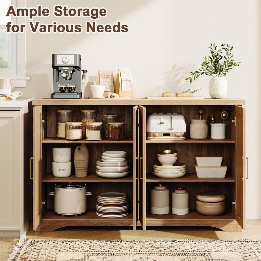 Fluted Buffet Cabinet with Storage Accent Sideboard,Modern Credenza with 4 Doors & Adjustable Shelves,Wood Coffee Bar