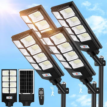 4 Pack Solar Street Lights Outdoor Waterproof, 10000LM 448 LEDs LED Parking Lot Lights Dusk to Dawn, Solar Flood