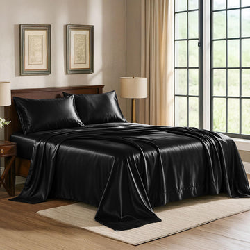 King Satin Sheets Set, Black 4-Piece Silky Bed Sheets, Cooling, Gentle on Hair & Skin, 15-Inch Deep Pocket