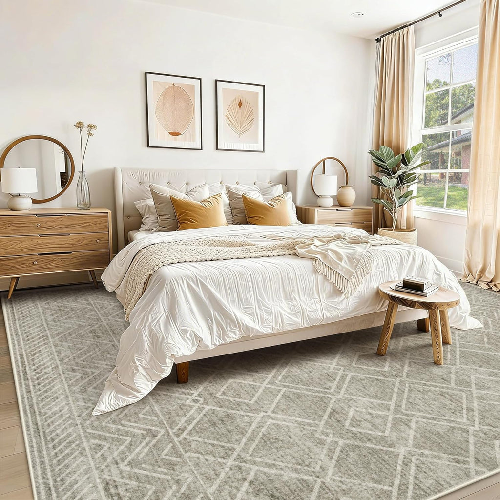 Area Rugs 9x12 Living Room Rug: Washable Geometric Moroccan Neutral Rugs Boho Modern Non Slip Area R