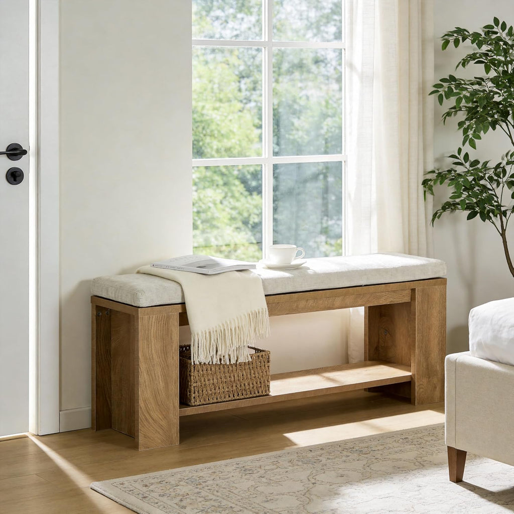 Upholstered Entryway Bench, 47-Inch Long Farmhouse End of Bed Bench with Padded Seat and MDF Frame, Rustic Indoor