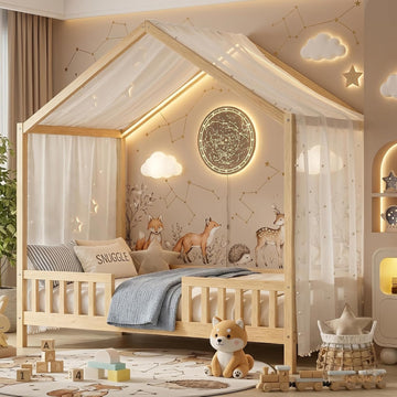 Tw Bed for Kids with High Rails, Montessori Floor Beds Twin with Roof & Canopy, Wood House Bed Frame for Boys Girls