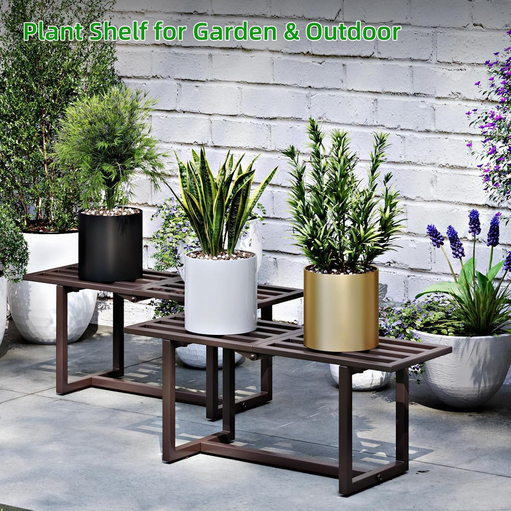 Plant Stand Indoor Outdoor, Foldable Metal Plant Shelf for Multiple Pots, Mid Century Slatted Bench Garden, Heavy