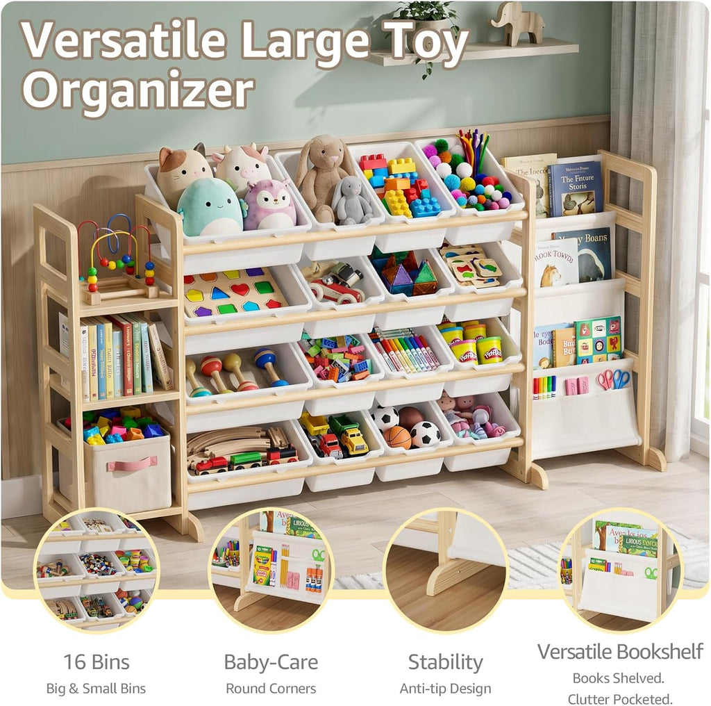 Large Toy Storage Organizer with Bookshelf - 3 Shelves and 12 Bins Kids Solid Pine Wood Toy Organizer with 3 Tier