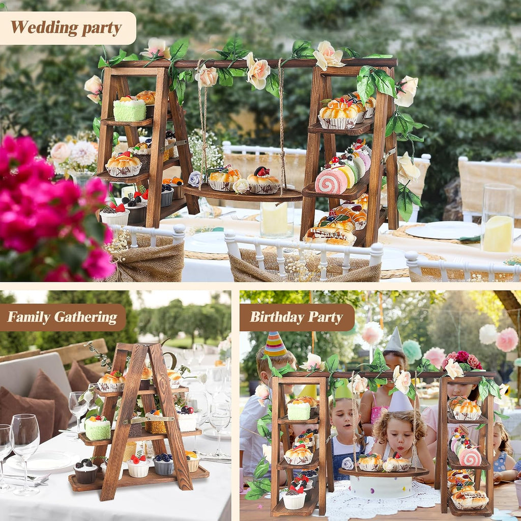 Wooden 3 Tier Cupcake Stand with Swing and Flower Decoration Serving Removable Tray Display Serving Ladder Foldable