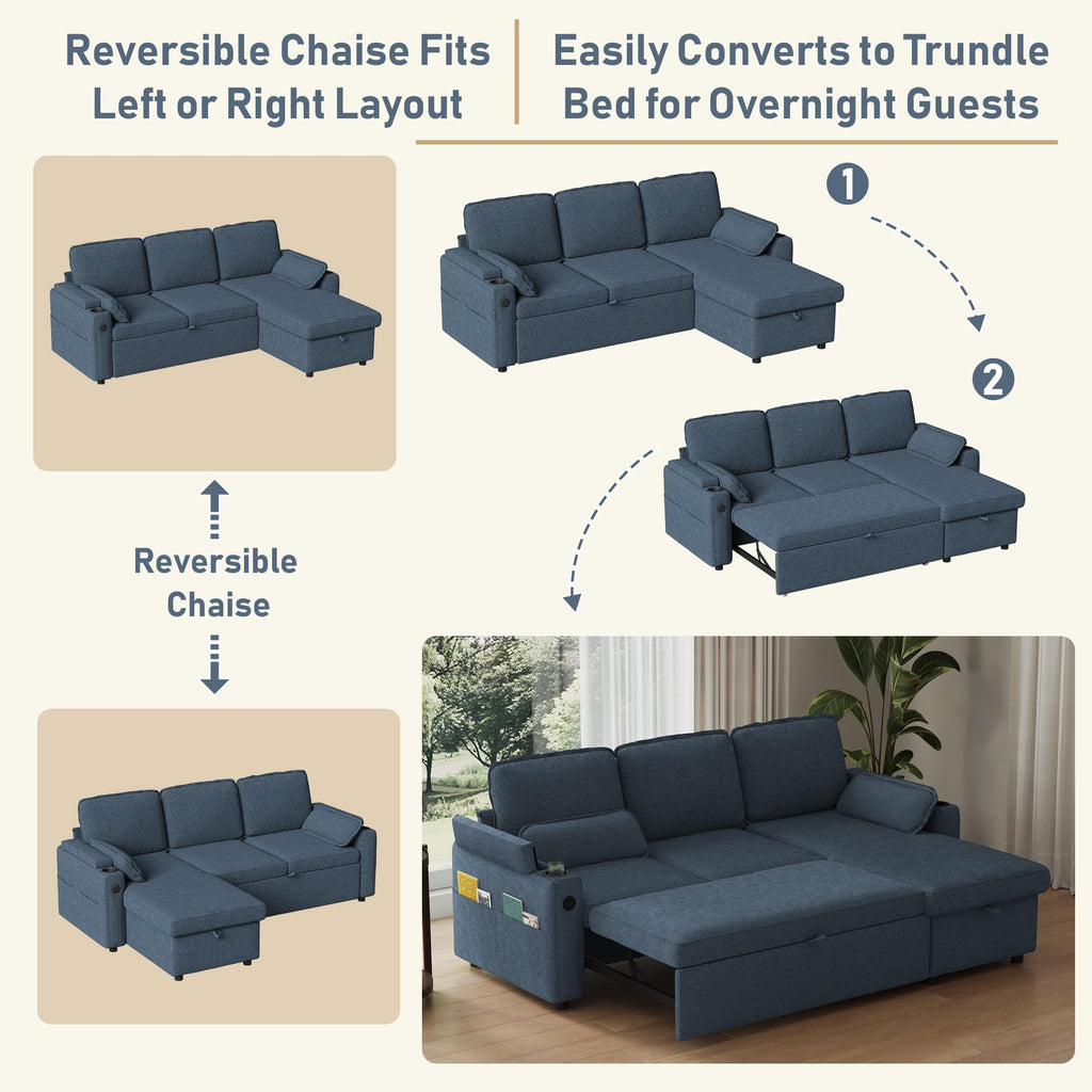 80" Sofa Bed Pull Out L Shaped Couch with Storage Chaise, Blue
