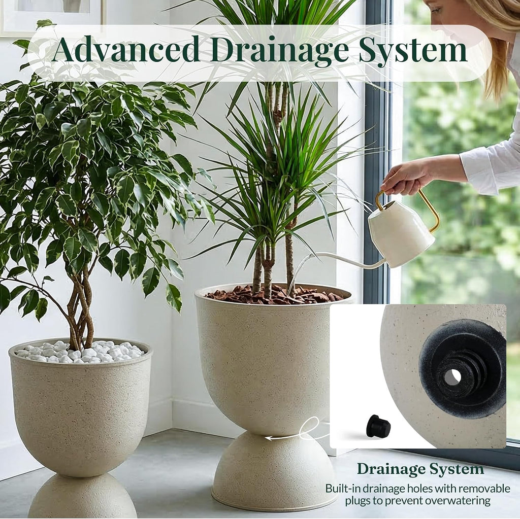 Planters Flower Pots, Large Plastic Urn Planters for Indoor Outdoor Plants, Beige Pedestal Planter 2 Pack, 18 Inch+23
