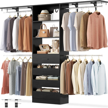 Closet System with 4 Drawers, 8FT Wood Closet Organizer System, 96'' Walk-in Closet Wardrobe with Tower, 4 Hang Rods