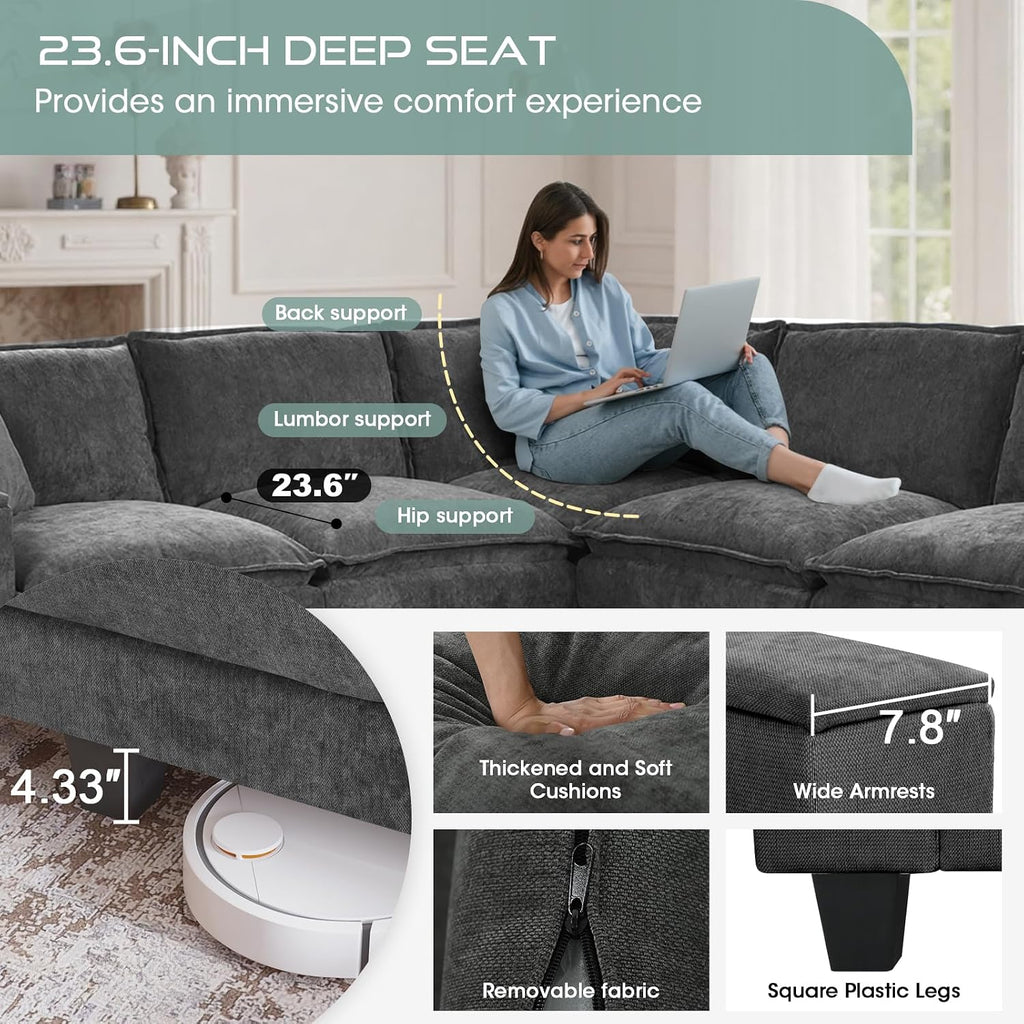97" 5 Seater L Shaped Couch Corner Sofa, Oversized Cloud Couch with 2 Pillows Chenille Modular Sectional Sofa