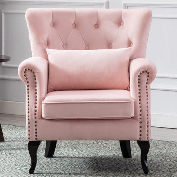 Mid Century Modern Accent Chair Upholstered Armchair Comfy Velvet Fabric Single Sofa with Tufted Wingback for Small