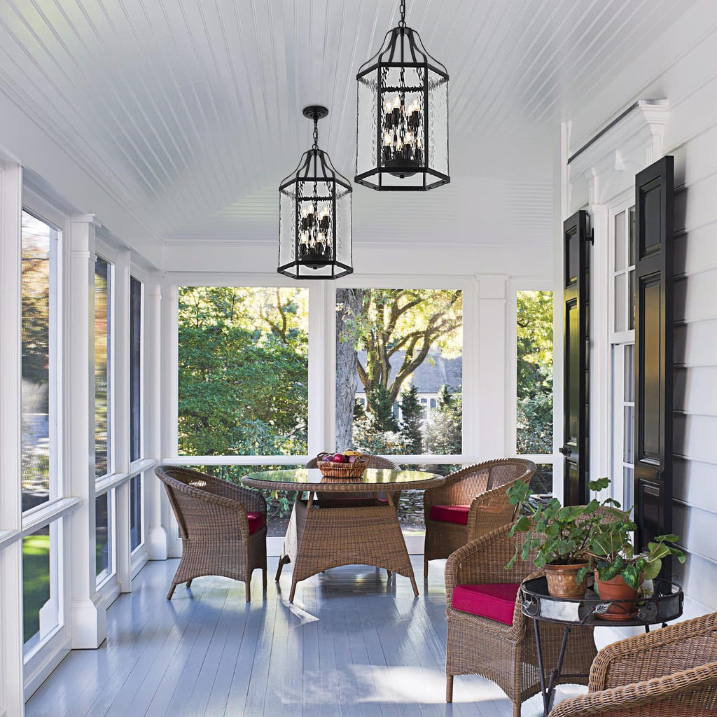 14" Modern 8-Light Exterior Black Lantern Pendant Light Fixture with Clear Rippled Glass Mini Industrial Hanging Cage