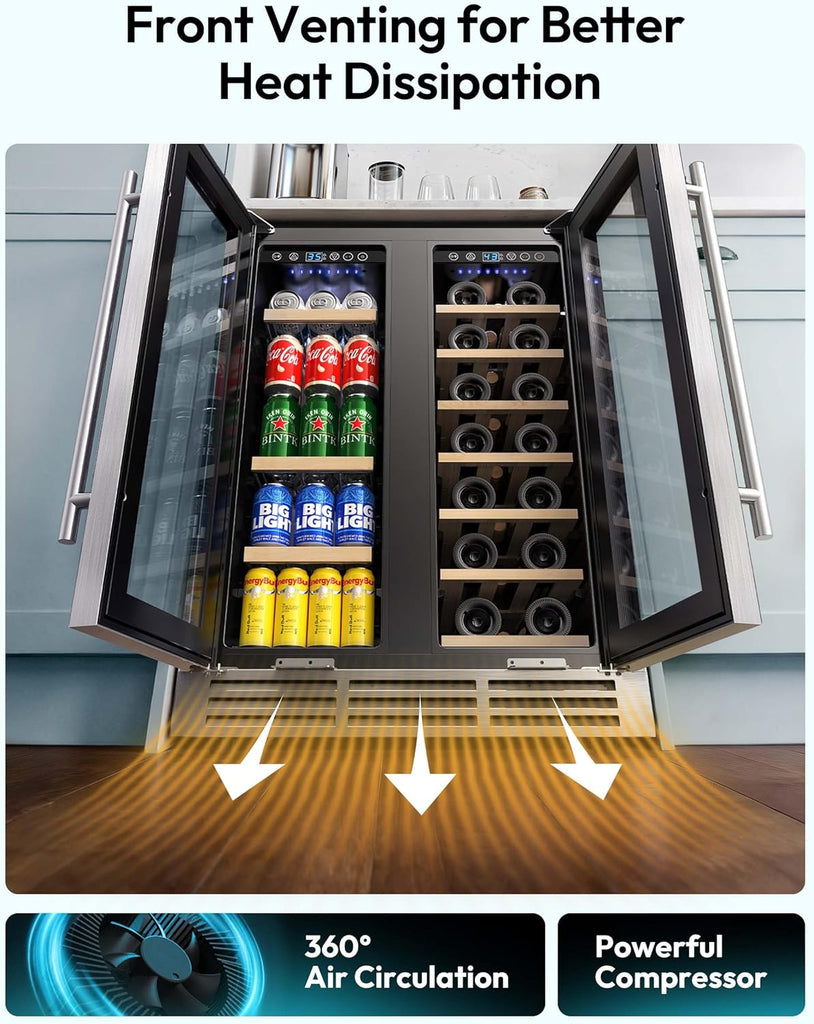 Wine and Beverage Refrigerator, 24 Inch Dual Zone Wine Cooler with Glass Door Ho