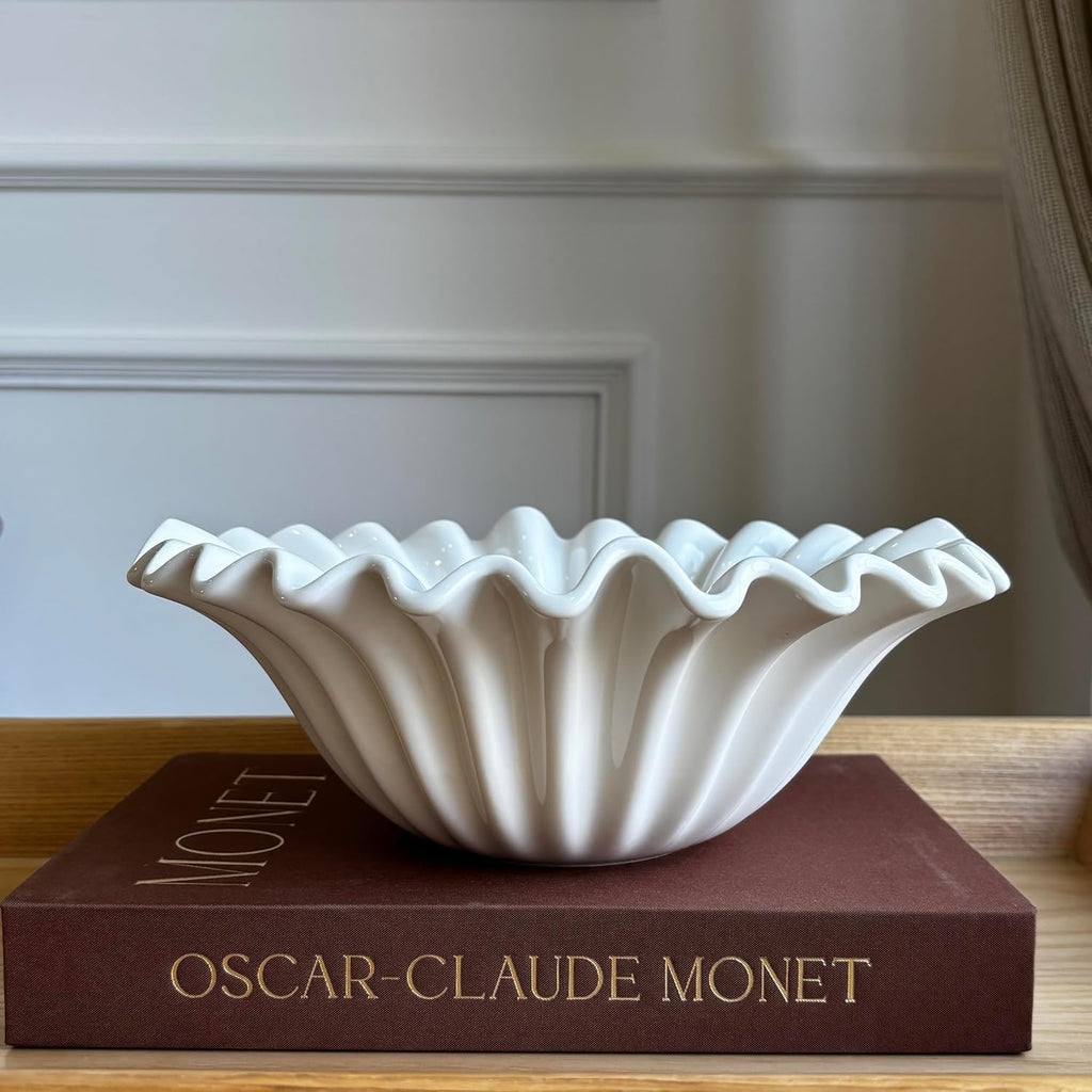 11" Scalloped Wavy Ruffle Decorative Bowl Counter and Table Centerpiece - Large White Fluted Aesthetic Bowl for