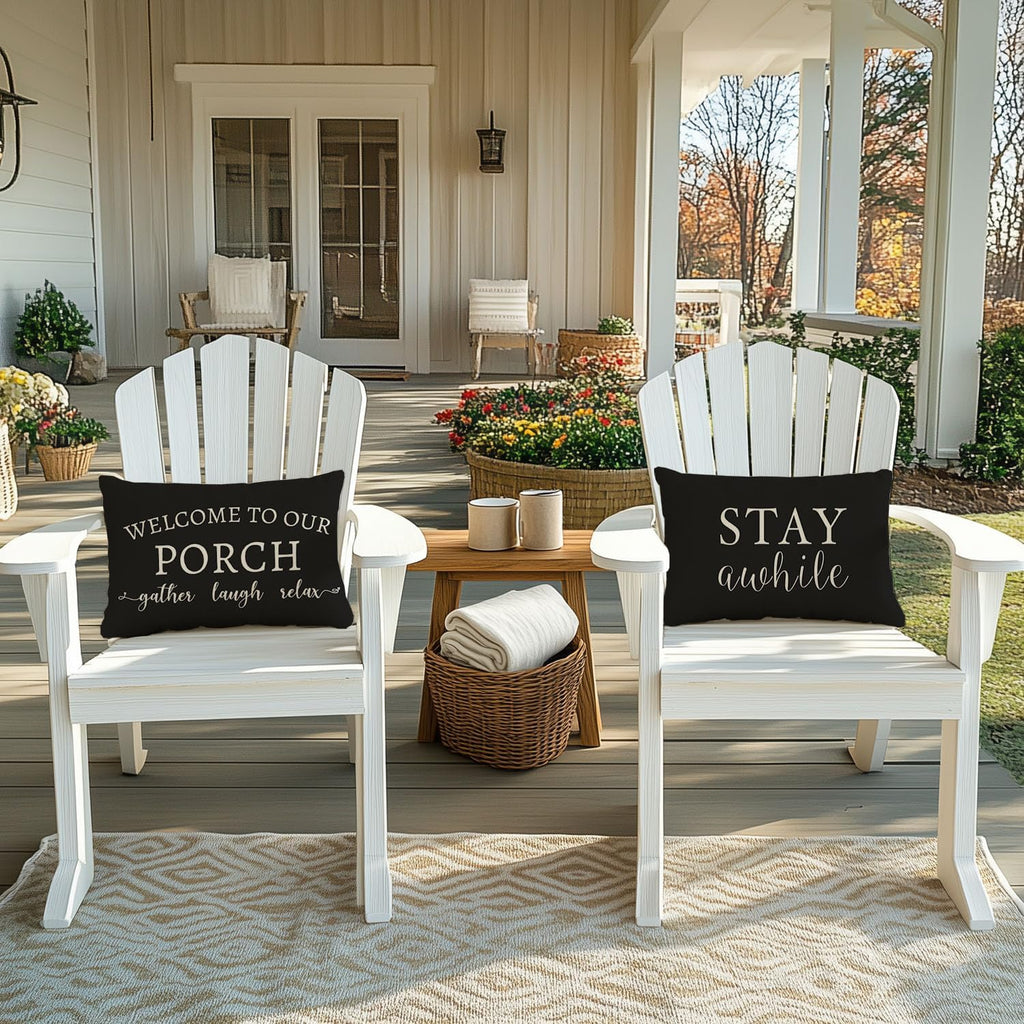 Welcome to Our Porch Stay Awhile Farmhouse Black and White Outdoor Lumbar Decorative Throw Pillow Covers 12x20 Inch