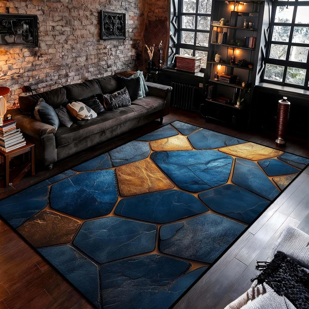 4x6 Marble Tiles Rug, Stone Tile Area Rug, Blue and Gold Geometry Marble Rugs, Washable Luxury Modern Contemporary Carpet