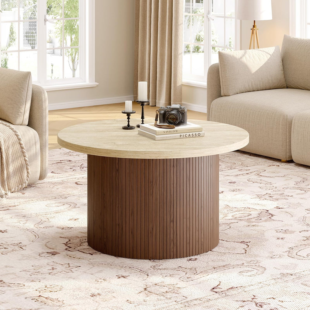 31.5" Round Coffee Table, Tambour Design, Travertine & Walnut