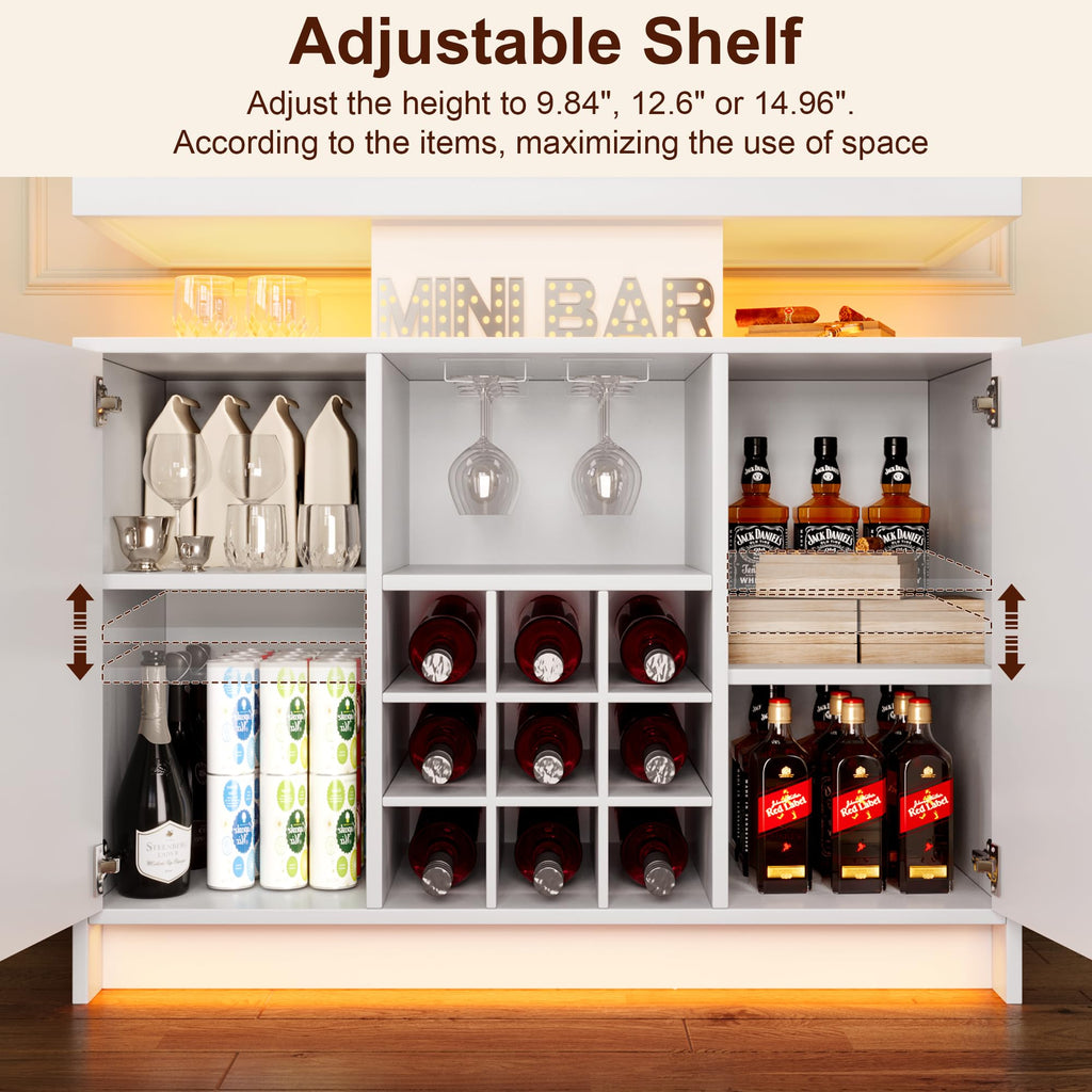 White Wine Cabinet, Fluted Coffee Bar with LED & Outlets