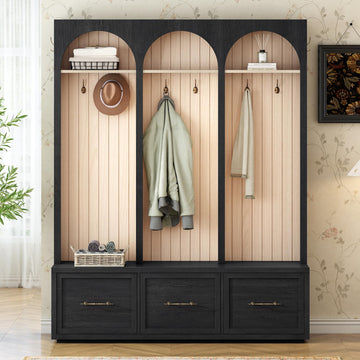 Farmhouse Wood Hall Tree with 8 Hooks and Storage Shoe Bench, Arched Mudroom Versatile Coat Racks with 3 Drawers