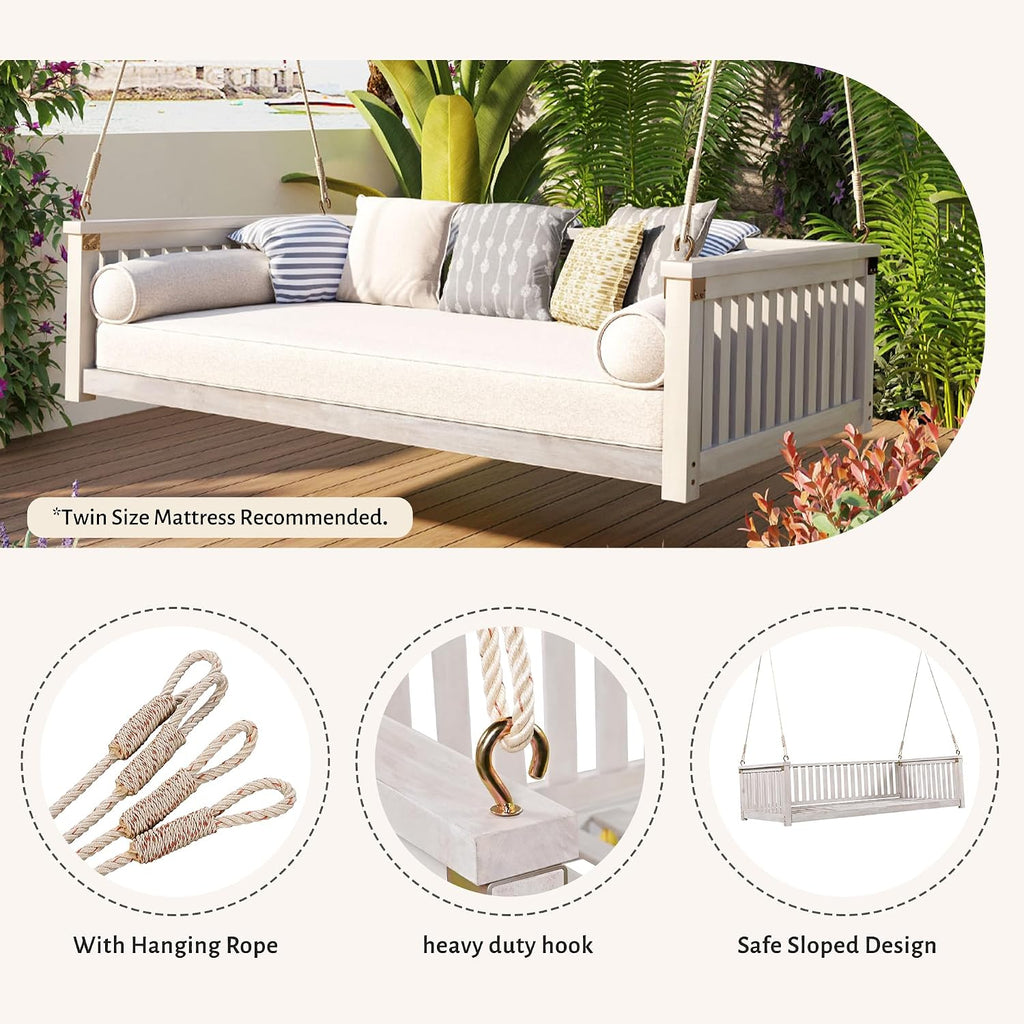 79" Acacia Solid Wood Porch Swing Bed Twin Size Hanging Daybed with Hemp Ropes, Classic Patio Backyard Outdoor Wooden