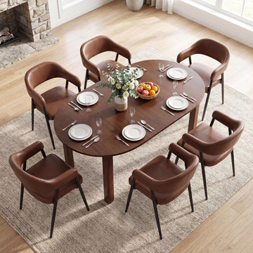 Modern Dining Room Arm Chairs Set of 6, Retro Faux Leather Upholstered Barrel Dining Chairs with Arms Mid-Century