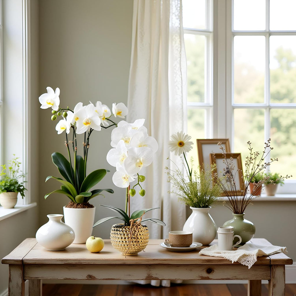 Orchids Artificial Flowers, 15" Faux Orchid in Gold Flower Pot Real Touch Flowers in Pot Large Flower Arrangements