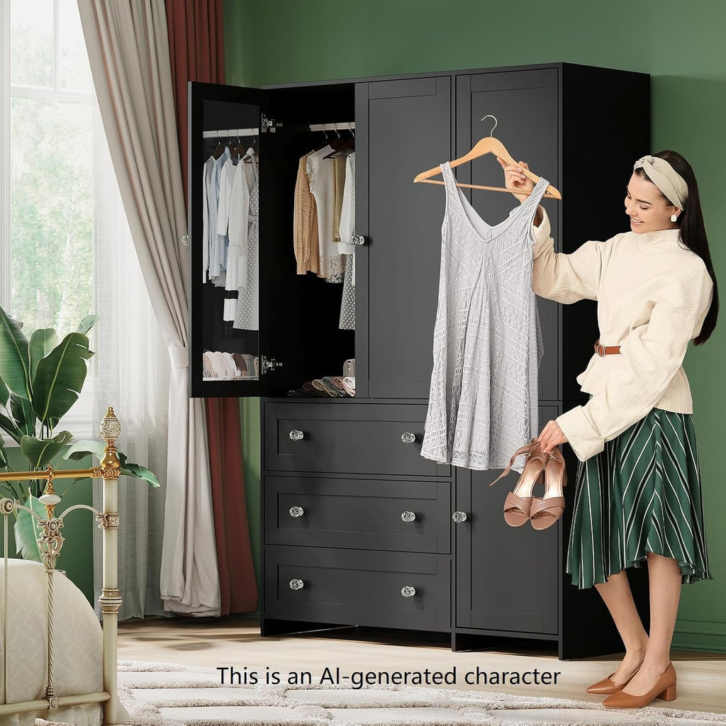 71" Armoire Wardrobe Closet with 3 Drawers and Mirror | Clothing Storage Cabinet with Hanging Rod, 4 Doors Wooden