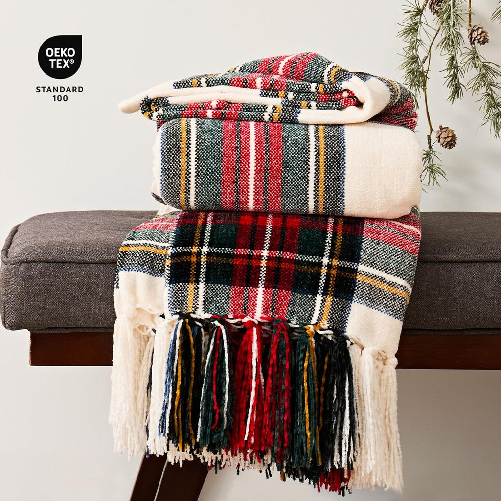 Chenille Christmas Throw Blanket, 60"x80", White Stewart Plaid