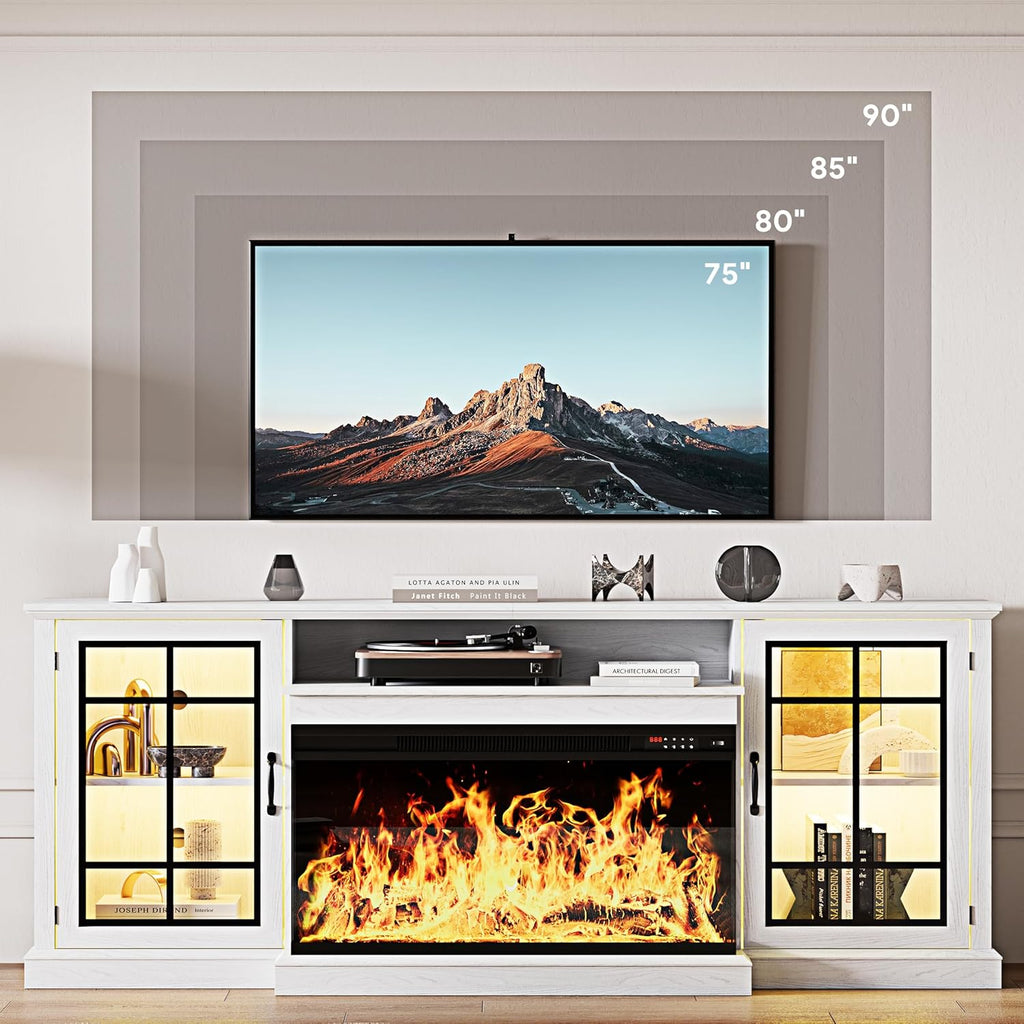80'' Fireplace TV Stand, Farmhouse Entertainment Center with 3 Sided Glass TV Stand, Modern Media Console Table with Storage Drawers & Cabinets with LED Flame and Lights for Living Room, White