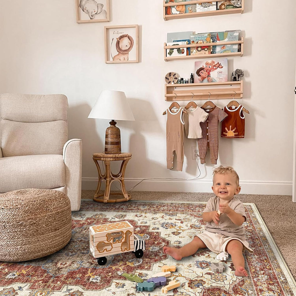Washable Oriental Area Rug - 9x12 Rugs Soft Carpet Waterproof Floral Distressed Indoor Stain Resistant Non-Shedding