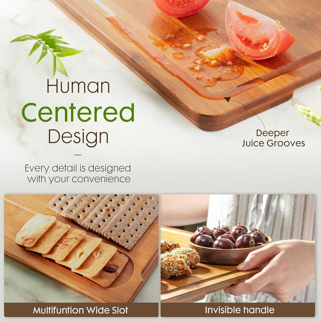 Deep-Carbonized Bamboo Cutting Boards with Wood Storage Stand, Reversible Charcuterie & Chopping Boards with Juice