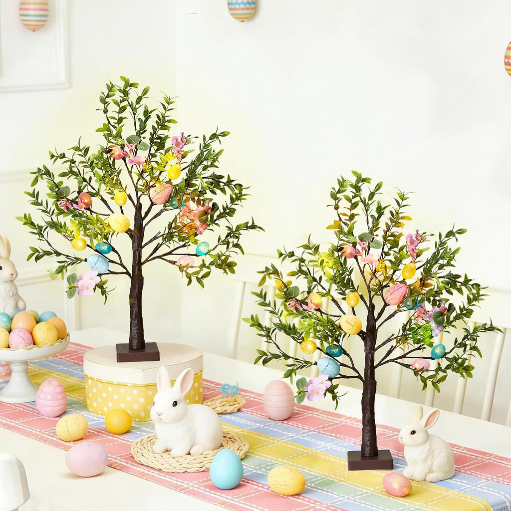 Easter Decoration Set, 27-inch Easters Egg Tree with LED Lights - Set of 2