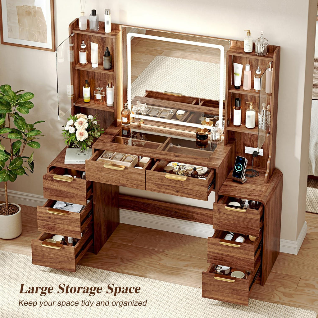 55" Makeup Vanity Desk with Mirror & Lights,Big Vanity Desk with 8 Drawers and Charging Station, Dressing Table with