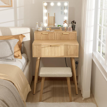 Small Vanity Desk with Hollywood Mirror and Lights, Girls Vanity with Stool, Fluted Vanity Set, Compact Make Up Table