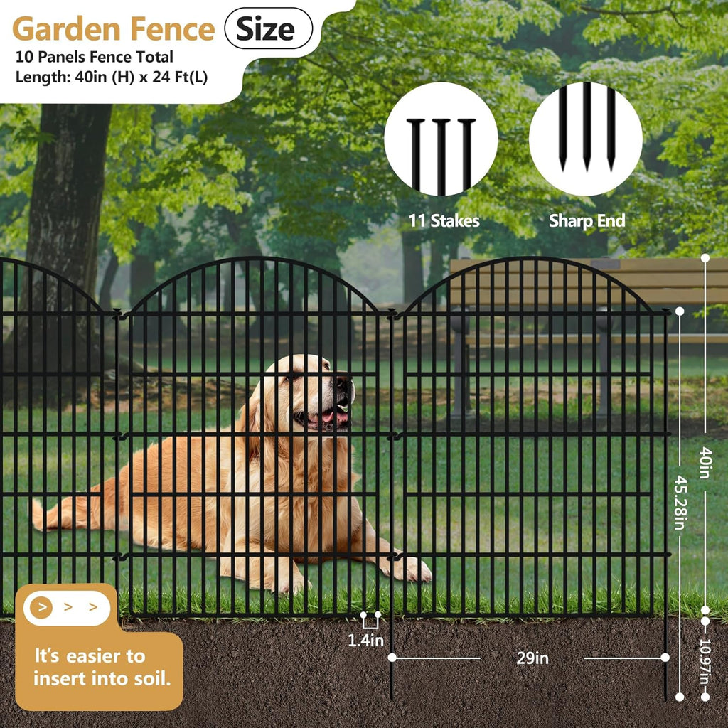 10 Panels Decorative Garden Fence, 40in (H) X 24ft (L) No Dig Dog Fences Outdoor for Yard, Rustproof Tall Metal