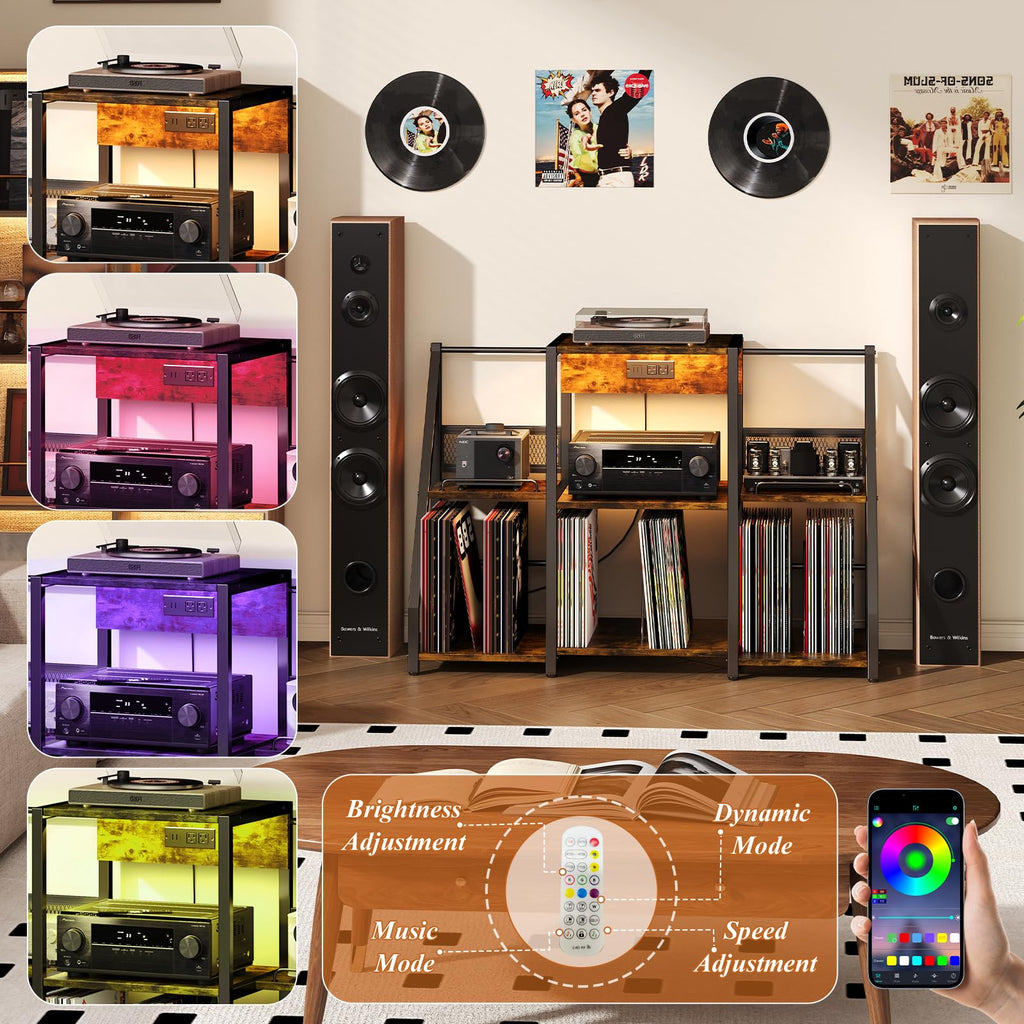 Record Player Stand, Record Player Table with Power Outlets and LED Light, Holds Up to 300 Albums, Vintage Vinyl