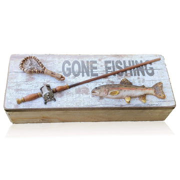 Gone Fishing Wooden Box, Rustic Wood Keepsake Box